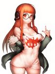  1girl bangs bikini bikini_under_clothes breasts cleavage eyebrows_visible_through_hair fumio_(rsqkr) fur_trim glasses headphones jacket lingerie long_hair looking_at_viewer orange_eyes orange_hair persona persona_5 sakura_futaba see-through shirt simple_background small_breasts smile solo swimsuit white_background 