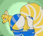  2017 anthro anus balls bent_over butt canine clothed clothing cmibond daxen digital_media_(artwork) girly hair legwear looking_at_viewer looking_back male mammal panties partially_clothed raised_tail short_hair smile solo thigh_highs tongue tongue_out underwear 