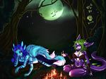 anthro blue_fur blue_hair breasts canine detailed_background eyes_closed fire forest fox fur green_hair hair hybrid lizard mammal moon night non-mammal_breasts outside reptile robyn_paperdoll scalie tree 