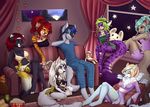  anthro blue_eyes blue_hair breasts canine cat clothed clothing detailed_background dog feline female fur green_hair group hair inside leopard mammal midriff navel night purple_eyes purple_fur red_hair robyn_paperdoll sitting smile spots spotted_fur striped_fur stripes tiger window 