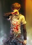  angry blood bloody_clothes bloody_hands brown_hair clenched_hand covered_mouth cowboy_shot dog_tags keisuke_(togainu_no_chi) kkbkckdk long_sleeves looking_at_viewer male_focus red_eyes shirt solo t-shirt togainu_no_chi undershirt wiping wiping_face wiping_mouth 
