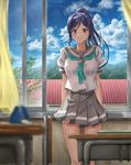  aqua_neckwear arms_at_sides belly_peek blue_hair blurry breasts classroom closed_mouth cloud cloudy_sky commentary_request curtains day depth_of_field desk grey_skirt high_ponytail highres indoors large_breasts legs_apart long_hair looking_at_viewer love_live! love_live!_sunshine!! matsuura_kanan neckerchief pleated_skirt ponytail purple_eyes revision school_desk school_uniform serafuku shirt short_sleeves skirt sky sleeve_cuffs smile solo standing sugi87 thigh_gap tie_clip uranohoshi_school_uniform wallet white_shirt window 