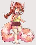  2015 absolute_territory anthro barefoot bracelet braided_hair breasts brown_hair cat cleavage clothed clothing eyebrows feline female fluffy fluffy_tail hair jewelry legwear mammal open_mouth pink_nose robyn_paperdoll shorts solo standing thigh_gap thigh_highs wide_hips yellow_eyes 