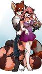  4_toes 5_fingers anthro barefoot big_tail black_nose blue_eyes breasts cleavage clothed clothing digitigrade dress duo eyebrows eyelashes female hair male mammal open_mouth pink_hair red_eyes red_panda robyn_paperdoll simple_background smile solo standing toes 