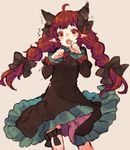  :o ahoge alternate_hairstyle animal_ears bangs black_bow black_dress blush bow braid breasts cat_ears chobi_(sakuyasakuhana) commentary_request dress eyebrows_visible_through_hair fang kaenbyou_rin long_hair long_sleeves looking_at_viewer motion_lines open_mouth paw_pose red_eyes red_hair red_ribbon ribbon simple_background small_breasts solo standing sweat tareme thigh_strap touhou twin_braids twintails very_long_hair yellow_background 