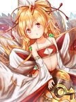  animal_ears bandeau bangs baram beads blonde_hair blush chestnut_mouth collarbone commentary_request detached_sleeves eyebrows_visible_through_hair flat_chest granblue_fantasy hair_beads hair_ornament harvin long_hair looking_at_viewer mahira_(granblue_fantasy) midriff navel parted_lips pelvic_curtain petite red_eyes sleeves_past_wrists solo 