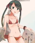  :d bikini black_hair breasts flippers grey_eyes gun hair_ribbon holding holding_gun holding_weapon itomugi-kun kantai_collection long_hair machinery mikuma_(kantai_collection) open_mouth red_bikini red_ribbon ribbon small_breasts smile solo surfboard swimsuit twintails weapon 