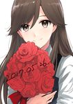  arashio_(kantai_collection) black_dress brown_eyes brown_hair commentary_request dated dress flower kantai_collection long_hair long_sleeves morinaga_miki pinafore_dress red_flower red_rose remodel_(kantai_collection) rose shirt simple_background smile solo white_background white_shirt 