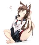  animal_ears barefoot breasts brooch brown_hair closed_eyes dress gorilla_(bun0615) highres imaizumi_kagerou jewelry medium_breasts panties pantyshot scratching simple_background sitting soles solo tail toes touhou translated underwear white_background wide_sleeves wolf_ears wolf_tail 