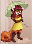  4_toes anthro barefoot breasts cleavage clothed clothing dress eyebrows eyelashes female fluffy fluffy_tail gloves_(marking) green_eyes mammal markings pigtails red_panda robyn_paperdoll smile socks_(marking) solo standing toes umbrella 