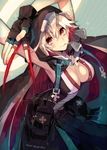  armpits breasts candy cape cleavage cosplay fingerless_gloves food gloves guilty_gear guilty_gear_xrd highres hood jack-o'_valentine large_breasts lollipop long_hair raven_(guilty_gear) raven_(guilty_gear)_(cosplay) red_eyes red_hair solo suzunashi white_hair 