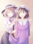  :o blonde_hair bow brown_eyes brown_hair clothes_in_front cosplay costume_switch dress hat hat_bow hat_ribbon highres maribel_hearn maribel_hearn_(cosplay) midorino_eni mob_cap multiple_girls purple_dress purple_eyes ribbon short_hair smile touhou usami_renko usami_renko_(cosplay) white_bow 