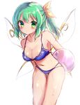  bad_id bad_pixiv_id ball beachball bikini blue_bikini breasts cleavage daiyousei fairy_wings green_eyes green_hair hair_ribbon highres leaning_forward long_hair looking_at_viewer medium_breasts ribbon shanghai_bisu side_ponytail simple_background sketch solo sparkle swimsuit thigh_gap touhou wet white_background wings yellow_ribbon 