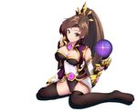  black_legwear breasts brown_eyes brown_hair cleavage gauntlets heroes_of_the_storm highres li-ming long_hair looking_at_viewer medium_breasts no_shoes ponytail simple_background sitting solo thighhighs wariza white_background xian_yue_bing_huan 