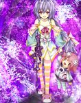  1girl bare_shoulders braid character_doll doll full_body gun neptune_(series) open_mouth purple purple_eyes purple_hair pururut single_braid striped striped_legwear weapon 