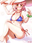  :&lt; barefoot bikini blue_bikini blush breasts cleavage fate/extra fate_(series) hat large_breasts long_hair looking_at_viewer navel pink_hair rokico solo sun_hat swimsuit tamamo_(fate)_(all) tamamo_no_mae_(fate) tamamo_no_mae_(swimsuit_lancer)_(fate) white_hat yellow_eyes 