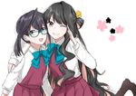  :d aqua-framed_eyewear black_hair boots brown_eyes brown_footwear dress glasses green_eyes grin hair_between_eyes kantai_collection long_hair long_sleeves morinaga_miki multicolored_hair multiple_girls naganami_(kantai_collection) okinami_(kantai_collection) one_eye_closed open_mouth pink_hair purple_dress shirt short_hair side_ponytail sleeveless sleeveless_dress smile very_long_hair white_background white_shirt 