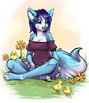  anthro avian bare_shoulders bird blue_fur blue_hair blue_nose breasts canine cleavage clothed clothing eyebrows eyelashes female flower fluffy fluffy_tail fox fur group hair mammal plant robyn_paperdoll simple_background sitting skirt smile toeless_(marking) yellow_eyes 