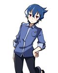  :&lt; akiba's_trip akiba's_trip_the_animation black_pants blue_hair blue_shirt closed_mouth denkigai_tamotsu funkunsan hand_on_hip highres looking_at_viewer male_focus multicolored_hair pants pink_eyes shirt simple_background sleeves_folded_up solo standing standing_on_one_leg streaked_hair white_background 