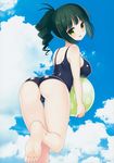  absurdres arched_back ass ball beachball blue_sky blue_swimsuit blush breasts cloud day drill_hair eyebrows_visible_through_hair flat_ass from_behind green_eyes green_hair highres kiyoshi_saya large_breasts long_hair looking_at_viewer looking_back one-piece_swimsuit open_mouth outdoors ponytail saki shiny shiny_clothes shiny_hair shiny_skin shoulder_blades sky smile solo swimsuit takimi_haru 