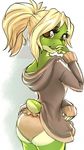  5_fingers amphibian anthro blonde_hair brown_eyes butt clothed clothing eyelashes female frog hair robyn_paperdoll simple_background solo 