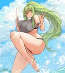  bad_id bad_twitter_id bare_legs barefoot bikini black_bikini blue_sky breasts day food green_hair grin highres huge_breasts ice_cream long_hair looking_at_viewer original outdoors ponytail sachito sky smile solo splashing sumi-chan_(sachito) swimsuit taut_clothes teeth v very_long_hair water wet 