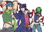  battle_tendency blue_hair chain cosplay facial_hair fingerless_gloves gakuran gloves green_hair hair_over_one_eye hat horns james_p._sullivan jojo_no_kimyou_na_bouken jonathan_joestar jonathan_joestar_(cosplay) joseph_joestar_(young) joseph_joestar_(young)_(cosplay) kuujou_joutarou kuujou_joutarou_(cosplay) male_focus masaki_(star8moon) michael_wazowski midriff monsters_inc. multiple_boys personification phantom_blood purple_hair randall_boggs scarf school_uniform shirt short_hair sleeveless sleeveless_shirt smile stardust_crusaders 