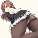  arashio_(kantai_collection) ass beige_background brown_eyes brown_hair brown_legwear dd_(ijigendd) dress eyebrows_visible_through_hair foreshortening frill_trim from_behind highres kantai_collection long_hair long_sleeves looking_back lying panties panties_under_pantyhose pantyhose pinafore_dress remodel_(kantai_collection) school_uniform simple_background smile solo thighband_pantyhose underwear upskirt white_panties 