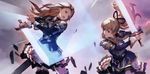  absurdres battle black_ribbon blonde_hair boots brown_eyes duel eye_contact floating_hair granblue_fantasy hair_ribbon high_ponytail highres holding holding_sword holding_weapon katalina_aryze long_hair looking_at_another minaba_hideo miniskirt multiple_girls open_mouth pleated_skirt ribbon sheath shoulder_armor skirt spaulders sword thigh_boots thighhighs very_long_hair vira_lilie weapon 