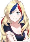  alternate_costume black_shirt blonde_hair blue_eyes blue_hair casual collarbone commandant_teste_(kantai_collection) crossed_arms highres kantai_collection long_hair morinaga_miki multicolored_hair red_hair shirt short_sleeves simple_background smile solo streaked_hair white_background white_hair 