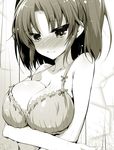  akahito bangs blush bra breasts cleavage closed_mouth collarbone embarrassed eyebrows_visible_through_hair frilled_bra frills full-face_blush greyscale large_breasts mikakunin_de_shinkoukei monochrome parted_bangs ribbon-trimmed_bra sidelocks solo twintails underwear upper_body yonomori_kobeni 