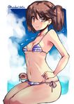  :&gt; bangs bare_arms bare_shoulders bikini blue_sky blush breasts brown_eyes brown_hair closed_mouth collarbone day eyebrows_visible_through_hair frilled_bikini frills hair_tie kantai_collection legs_together micro_bikini navel open_mouth outdoors outside_border pink_bikini pink_ribbon purple_bikini purple_ribbon ribbon ryuujou_(kantai_collection) shinshin shiny shiny_skin side-tie_bikini sitting sky small_breasts smile solo speech_bubble stomach strap_gap sweat swimsuit tareme twitter_username two_side_up 