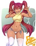  &gt;:d 1girl :d \m/ agawa_ryou arms_up ass_visible_through_thighs brown_eyes cameltoe crop_top dark_skin fangs hair_between_eyes long_hair midriff navel no_pants open_mouth original panties red_hair ribbed_shirt shirt side-tie_panties sleeveless sleeveless_shirt smile solo string_panties thighhighs thighs turtleneck twintails underwear very_long_hair white_legwear white_panties 