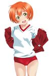  :d blush buruma collarbone gym_uniform highres hoshizora_rin jacket keisuke_(0320030103200301) looking_at_viewer love_live! love_live!_school_idol_project open_clothes open_mouth orange_hair simple_background sketch smile solo teeth track_jacket white_background yellow_eyes 
