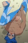  areolae artist_name ass_visible_through_thighs barefoot blue_eyes blue_hair flaccid foreskin highres legs_up looking_at_viewer male_focus male_swimwear mugheyart nipples penis perineum pokemon pokemon_(game) pokemon_bw2 sand shizui_(pokemon) solo stirrup_legwear stirrup_swimwear swimwear tan tanline testicles toeless_legwear undressing upside-down wet 