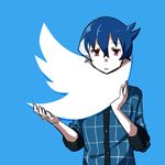  akiba's_trip akiba's_trip_the_animation blue_background blue_hair denkigai_tamotsu funkunsan highres look-alike male_focus open_mouth red_eyes simple_background sleeves_folded_up solo twitter twitter_logo upper_body 