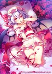  artist_name ascot bare_shoulders barefoot bat_wings blood blue_hair flower full_body hat hat_ribbon long_hair lying miniskirt mob_cap off_shoulder on_back petals pillow pointy_ears red_eyes red_flower red_ribbon red_rose remilia_scarlet ribbon riv rose rose_petals skirt smile solo touhou wings wrist_cuffs 