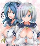  asahi_(fullmetal_madness) between_breasts blue_eyes blue_hair breast_squeeze breasts collarbone deep_skin double_bun gloves hair_ornament hair_over_one_eye hairclip hamakaze_(kantai_collection) hat kantai_collection large_breasts long_hair looking_at_viewer multiple_girls neckerchief open_clothes open_mouth short_hair short_sleeves silver_hair smile urakaze_(kantai_collection) white_gloves white_hat yellow_neckwear 