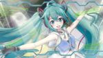  39 aqua_eyes aqua_hair commentary_request dec_madoka fingerless_gloves gloves hatsune_miku headset hood hoodie long_hair looking_at_viewer outstretched_arms sleeveless sleeveless_hoodie solo spread_arms twintails very_long_hair vocaloid 