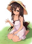  animal_ears bare_shoulders blush breasts brown_hair cleavage collarbone commentary_request dress eyebrows_visible_through_hair full_body grass hat highres imaizumi_kagerou long_hair medium_breasts red_eyes sitting sleeveless sleeveless_dress smile solo straw_hat sundress tail tan tanline touhou tyouseki wariza 