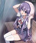  arms_up bangs bench blue_skirt blush bow clannad collarbone drying drying_hair eyebrows_visible_through_hair fujibayashi_kyou hair_between_eyes hair_bow hair_ribbon hikarizaka_private_high_school_uniform long_hair looking_at_viewer looking_to_the_side mauve open_mouth pink_towel purple_eyes purple_hair rain red_ribbon ribbon sailor_collar school_uniform serafuku shirt short_sleeves sitting skirt solo suspender_skirt suspenders thighhighs towel towel_on_head twitter_username very_long_hair white_bow white_legwear white_sailor_collar white_shirt 