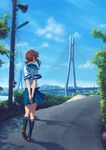  arms_behind_back black_legwear blew_andwhite blue_skirt blue_sky bridge brown_footwear brown_hair cloud commentary_request day facing_away from_behind fubuki_(kantai_collection) full_body highres holding kantai_collection kneehighs outdoors plant pole road school_uniform serafuku shirt shoes short_hair_with_long_locks sidelocks skirt sky solo speaker street v_arms white_shirt 