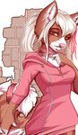  5_fingers anthro breasts brown_fur canine clothed clothing collar dog ear_piercing eyelashes female fur hair mammal piercing pink_eyes pink_nose robyn_paperdoll solo white_hair 