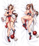  absurdres ass bai_linqin between_breasts blush breast_grab breasts brown_eyes brown_hair dakimakura deep_skin fatal_fury full_body grabbing hair_ornament highres japanese_clothes kneepits large_breasts lying multiple_views nipples nose_blush on_back pelvic_curtain ponytail pussy pussy_juice shiranui_mai solo_focus sweat the_king_of_fighters uncensored vibrator_under_clothes wide_hips 
