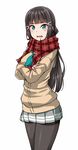  black_hair black_legwear blush brown_coat coat crossed_arms eyebrows_visible_through_hair green_eyes grey_skirt kurosawa_dia long_hair looking_at_viewer love_live! love_live!_sunshine!! mole mole_under_mouth open_mouth pantyhose plaid plaid_scarf red_scarf scarf simple_background skirt solo wavy_mouth white_background yopparai_oni 