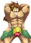  abs anthro blush bulge clothing feline leo_(red_earth) lion male mammal muscular pecs red_earth simple_background solo suruga thong tokyo_afterschool_summoners white_background 