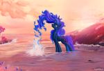  1deathpony1 blue_eyes blue_hair cutie_mark day equine feathered_wings feathers female feral friendship_is_magic hair horn mammal my_little_pony outside partially_submerged princess_luna_(mlp) sky smile solo standing unicorn water winged_unicorn wings 
