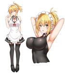  apron armpits arms_up bangs black_legwear blonde_hair blush breasts closed_mouth commentary_request covered_navel covered_nipples elf etan14 eyebrows_visible_through_hair frilled_apron frills full_body garter_straps green_eyes hair_between_eyes halterneck hand_up highres impossible_clothes index_finger_raised large_breasts looking_at_viewer maid maid_(etan14) maid_headdress multiple_views original parted_lips pointing pointing_at_self pointy_ears ponytail sidelocks simple_background smile standing thighhighs tight upper_body white_background 
