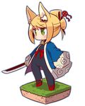  7th_dragon 7th_dragon_(series) :&lt; animal_ears bell bell_collar blonde_hair blush chibi collar faux_figurine fox_ears green_eyes holding holding_sword holding_weapon looking_away naga_u namuna_(7th_dragon) samurai_(7th_dragon) short_hair solo sword weapon 