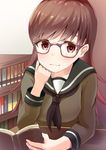  :3 bad_id bad_pixiv_id black_neckwear blush book bookshelf brown_eyes brown_hair eyebrows_visible_through_hair glasses hamalu head_on_hand highres holding holding_book kantai_collection long_hair looking_at_viewer neckerchief ooi_(kantai_collection) open_mouth smile solo table 